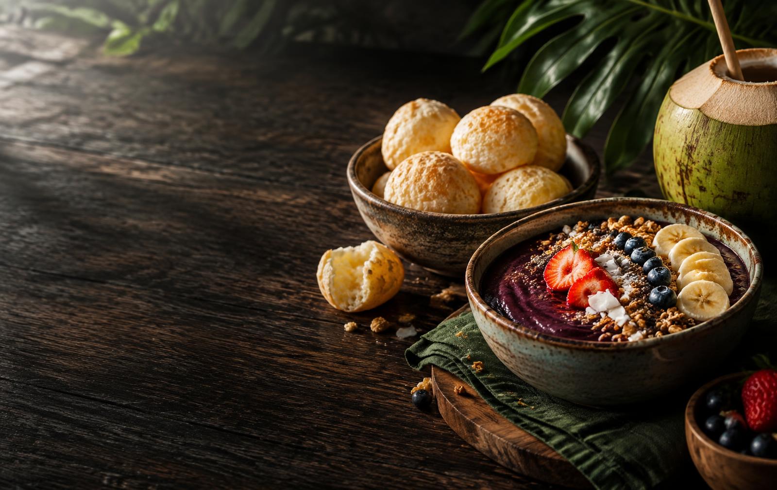 Pão de queijo en açaí op een houten tafel